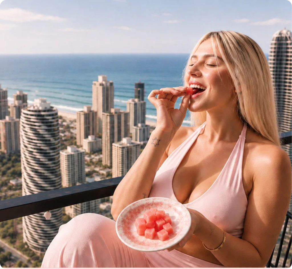 Woman enjoying COAST gummies on a Gold Coast balcony